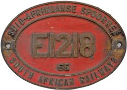 South African Railways brass cabside numberplate E1218 6E ex SAR Electric locomotive built at the