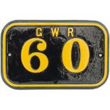 GWR cast iron numberplate GWR 60 ex Rhymney Railway 0-6-2 T RR number 20 built by Hudswell Clarke in