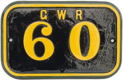 GWR cast iron numberplate GWR 60 ex Rhymney Railway 0-6-2 T RR number 20 built by Hudswell Clarke in