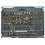 Diesel worksplate BUILT BY THE BIRMINGHAM RAILWAY CARRIAGE & WAGON CO LTD SMETHWICK ENGLAND 1961