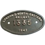 Worksplate 9x5 LONDON & NORTH EASTERN RAILWAY 1335 1947 ex Thompson B1 4-6-0 ordered in 1946 and