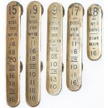 GWR brass signal lever leads x5 consisting of; 19 DISC, 17 DISC, 9 F.P.LS, 15 DISC and 18 No1