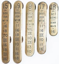 GWR brass signal lever leads x5 consisting of; 19 DISC, 17 DISC, 9 F.P.LS, 15 DISC and 18 No1