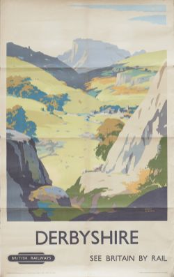 Poster BR(M) DERBYSHIRE SEE BRITAIN BY RAIL by Frank Sherwin. Double Royal 25in x 40in. In good