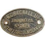 Worksplate W. G. BAGNALL LTD ENGINEERS STAFFORD ENGLAND No 2404 ex Great Western Railway Collett 0-