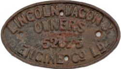 Wagonplate LINCOLN WAGON & ENGINE Co LD OWNERS 52675. Oval cast iron measures 11in x 6.5in. In
