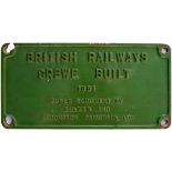 Diesel worksplate BRITISH RAILWAYS CREWE BUILT 1961 POWER EQUIPMENT BY SULZER AND CROMPTON PARKINSON