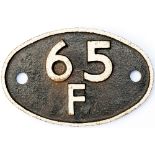 Shedplate 65F Grangemouth 1950-1973. Face restored, rear original with District casting mark.