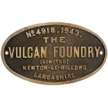 Worksplate THE VULCAN FOUNDRY LIMITED NEWTON-LE-WILLOWS LANCASHIRE No 4918 1943, from a War