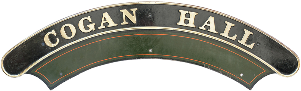 Nameplate COGAN HALL ex GWR Collett Hall 4-6-0 built at Swindon in 1935 and named Cogan Hall and