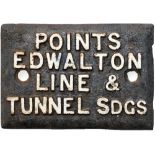 LNWR signal lever plate POINTS EDWALTON LINE & TUNNEL SDGS. Cast iron measures 5.5in x 3.75in.