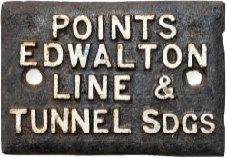 LNWR signal lever plate POINTS EDWALTON LINE & TUNNEL SDGS. Cast iron measures 5.5in x 3.75in.