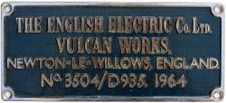Diesel worksplate THE ENGLISH ELECTRIC CO LTD VULCAN WORKS NEWTON-LE-WILLOWS ENGLAND No 3504/ D935