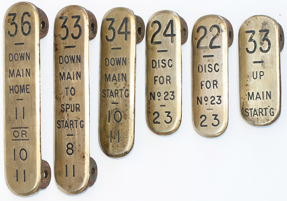 GWR brass signal lever leads x6 consisting of; 24 DISC, 22 DISC, 34 DOWN MAIN STARTG, 33 DOWN MAIN