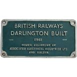 Diesel worksplate BRITISH RAILWAYS DARLINGTON BUILT 1961 POWER EQUIPMENT BY ASSOCIATED ELECTRICAL