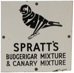 Advertising enamel sign SPRATTS BUDGERIGAR MIXTURE & CANARY MIXTURE. In very good condition with