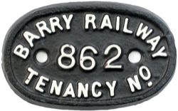 Barry Railway Tenancy House numberplate No 862. These were used on the Barry Railway tied houses.