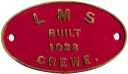 Worksplate LMS BUILT 1928 CREWE. Locomotives built at Crewe in 1928 were 5MT Crab 2-6-0 42800-7