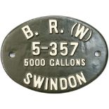 British Railways Western Region GWR pattern cast iron locomotive tenderplate B.R.(W) 5000 GALLONS