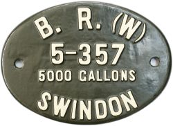 British Railways Western Region GWR pattern cast iron locomotive tenderplate B.R.(W) 5000 GALLONS