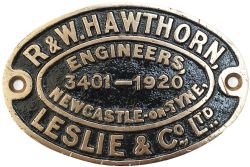 Worksplate R & W HAWTHORN LESLIE & CO LTD ENGINEERS NEWCASTLE-ON-TYNE 3401 - 1920 ex Taff Vale