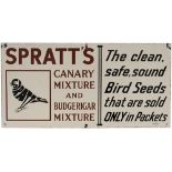 Advertising enamel sign SPRATT'S CANARY MIXTURE AND BUDGERIGAR MIXTURE THE CLEAN, SAFE, SOUND BIRD
