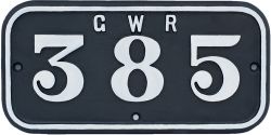 GWR cast iron cabside numberplate GWR 385 ex Taff Vale Railway Class A 0-6-2 T TVR number 165