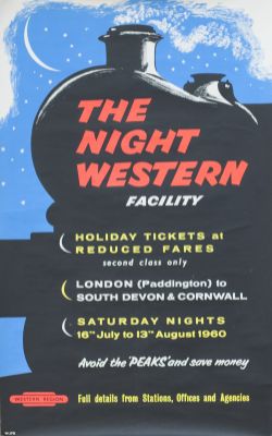 Poster BR(W) THE NIGHT WESTERN FACILITY ADVERTISING HOLIDAY TICKETS FROM PADDINGTON TO DEVON &