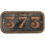 GWR cast iron cabside numberplate GWR 373 ex Taff Vale Railway Class A 0-6-2 T TVR number 139
