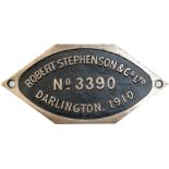 Worksplate ROBERT STEPHENSON & CO LTD DARLINGTON No 3390 1910 ex Rhymney Railway 0-6-2 T numbered 13