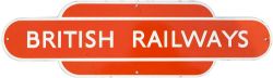 BR(NE) enamel totem shaped poster board heading BRITISH RAILWAYS, light tangerine measuring 20.5in x