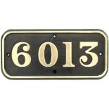GWR brass cabside numberplate 6013 ex Collett King 4-6-0 built at Swindon in 1928 and named KING