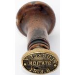 South Eastern Railway brass and fruitwood handled station stamp S.E.R.Y PLUCKLEY STATION. In very