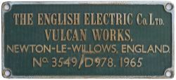 Diesel worksplate THE ENGLISH ELECTRICAL CO LTD VULCAN WORKS NEWTON-LE-WILLOWS ENGLAND No 3549/ D978