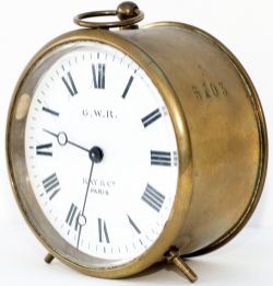 GWR brass drum clock with original enamel dial GWR KAY & CO PARIS. Stamped 5103 on the case,