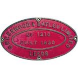 Electric worksplate GREENWOOD & BATLEY LIMITED LEEDS No 1210 BUILT 1930 ex 0-4-0 Steeple Cab Battery