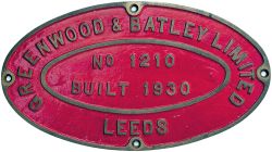Electric worksplate GREENWOOD & BATLEY LIMITED LEEDS No 1210 BUILT 1930 ex 0-4-0 Steeple Cab Battery