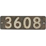 Smokebox numberplate 3608 ex Collett 0-6-0PT built at Swindon in 1939. Allocations included