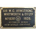 Worksplate SIR W. G. ARMSTRONG WHITWORTH & CO LTD SCOT'S WOOD WORKS NEWCASTLE-ON-TYNE No 938 1928 ex