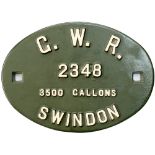 Great Western Railway cast iron locomotive tenderplate G.W.R 2348 3500 GALLONS SWINDON. As used by