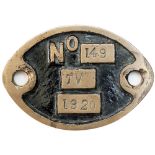 Taff Vale Railway locomotive Frame Plate stamped in the front 149 TV 1920 and in the rear 376. Ex