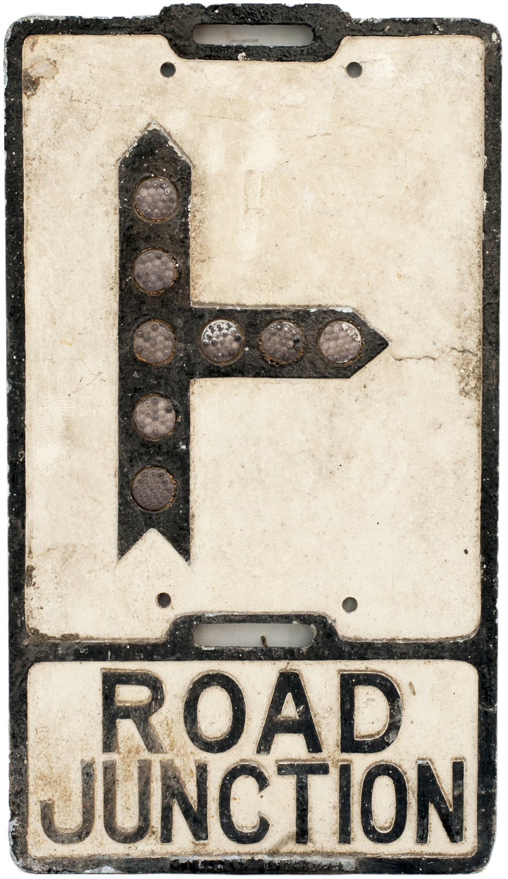 Road sign ROAD JUNCTION with glass fruit gum reflectors. Cast aluminium with makers name NEEDHAM