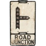 Road sign ROAD JUNCTION with glass fruit gum reflectors. Cast aluminium with makers name NEEDHAM