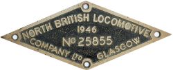 Worksplate NORTH BRITISH LOCOMOTIVE COMPANY LTD GLASGOW No25855 1946 ex LNER Thompson B1 4-6-0