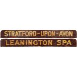 GWR/BR-W carriage board LEAMINGTON SPA STRATFORD-UPON-AVON. In good condition with both metal ends