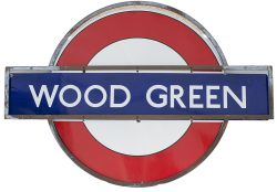 London Underground enamel target/bullseye sign WOOD GREEN complete with bronze frame. Measures