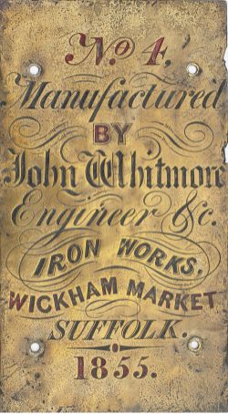 Brass steam engine makers plate No4 MANUFACTURED BY JOHN WHITMORE ENGINEER & C IRON WORKS WICKHAM