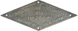 Diesel worksplate NORTH BRITISH LOCOMOTIVE COMPANY LTD GLASGOW No 26689 1952. Ex 0-4-0 2’6” gauge