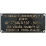 Diesel worksplate THE ENGLISH ELECTRIC COMPANY LTD LONDON THE VULCAN FOUNDRY LTD LOCOMOTIVE WORKS