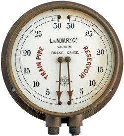 LNWR brass locomotive cab vacuum gauge. A very early example with engraved china glass face L & N.